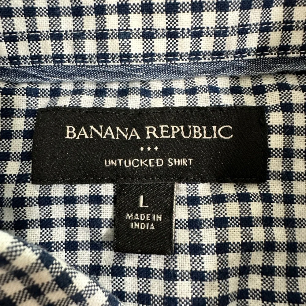 Banana Republic Untucked Shirt Men L Blue Gingham Cotton Button Down Long Sleeve